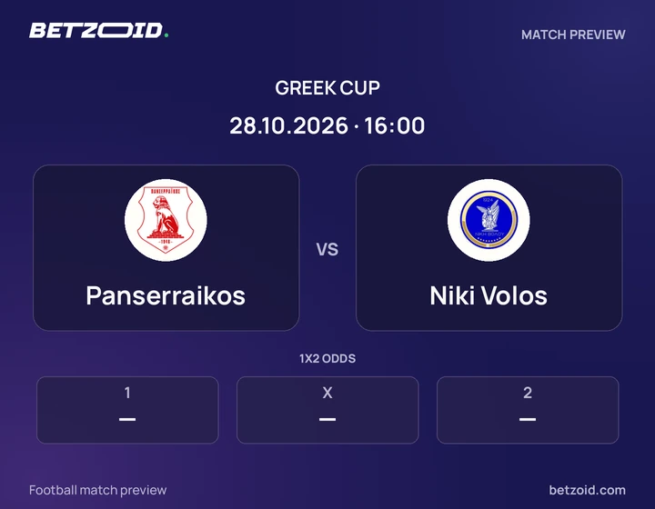 Panserraikos vs Niki Volos: Greek Cup match preview with team badges and kick-off details.