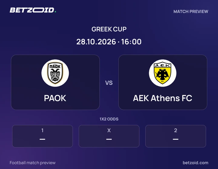 PAOK vs AEK Athens FC: Greek Cup match preview with team badges and kick-off details.