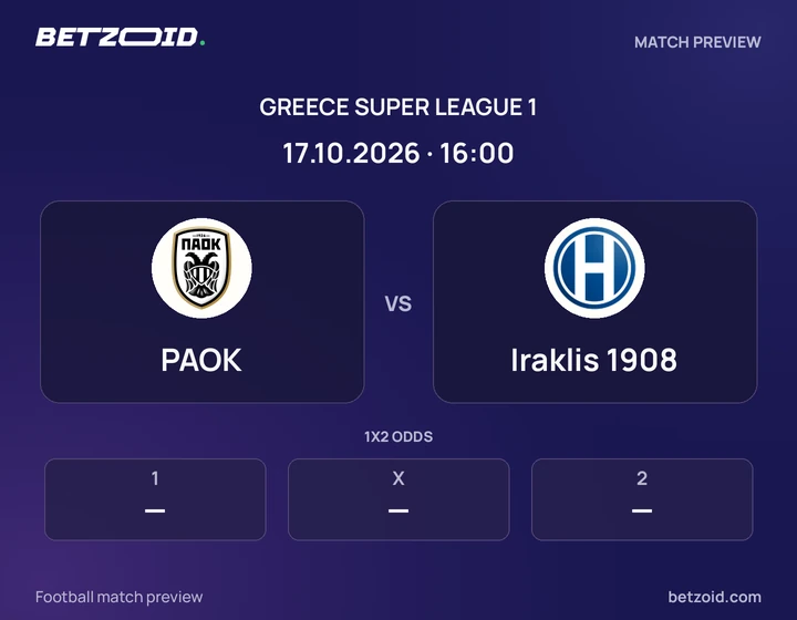 PAOK vs Iraklis 1908: Greece Super League 1 match preview with team badges and kick-off details.
