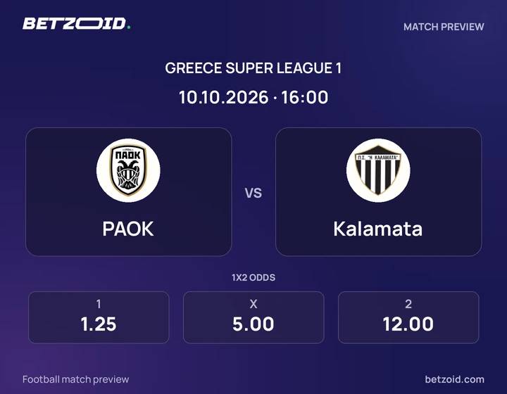 PAOK vs Kalamata: Greece Super League 1 match preview with team badges and kick-off details.