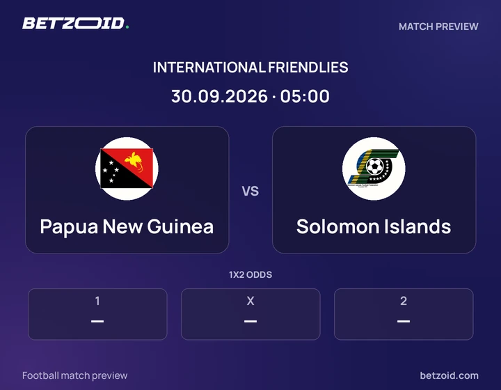 Papua New Guinea vs Solomon Islands: International Friendlies match preview with team badges and kick-off details.