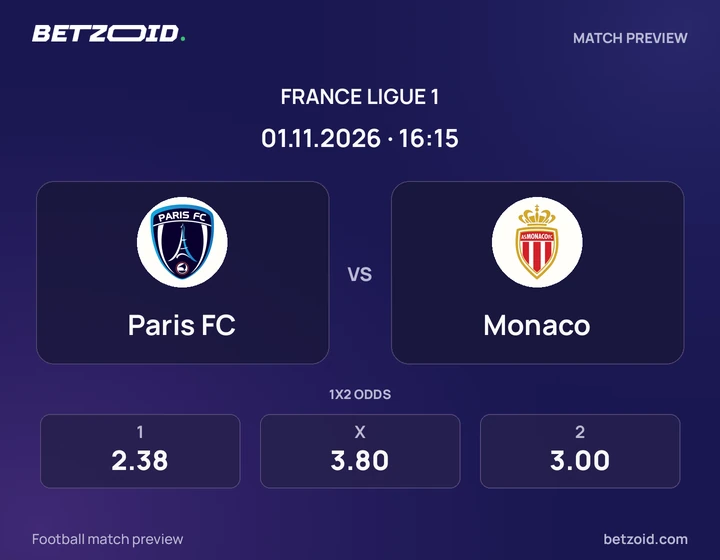 Paris FC – Monaco Paris FC – Monaco : présentation du match de Ligue 1 avec les logos des équipes et l’horaire du coup d’envoi.