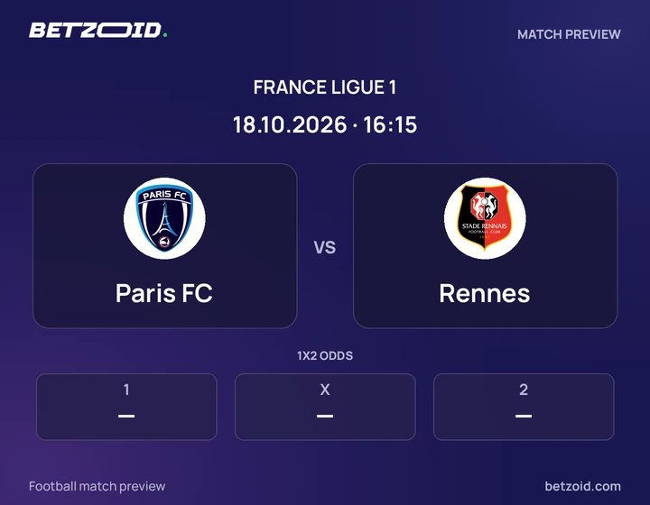 Paris FC - Rennes Paris FC vs Rennes: France Ligue 1 match preview with team badges and kick-off details.