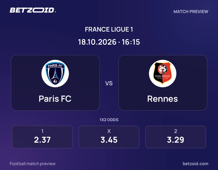 Paris FC – Rennes Paris FC – Rennes : présentation du match de Ligue 1 avec les logos des équipes et l’horaire du coup d’envoi.