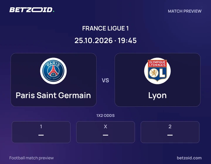 Paris Saint Germain vs Lyon: France Ligue 1 match preview with team badges and kick-off details.