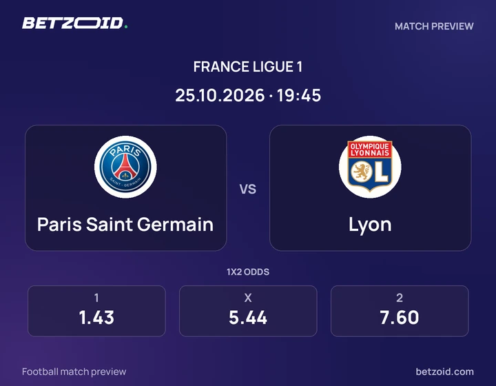 Paris Saint-Germain – Lyon Paris Saint-Germain – Lyon : présentation du match de Ligue 1 avec les logos des équipes et l’horaire du coup d’envoi.