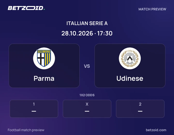 Parma vs Udinese: Itallian Serie A match preview with team badges and kick-off details.