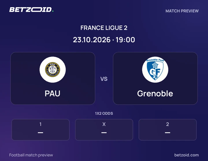 PAU vs Grenoble: France Ligue 2 match preview with team badges and kick-off details.