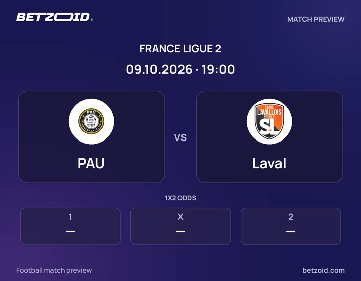 PAU vs Laval: France Ligue 2 match preview with team badges and kick-off details.