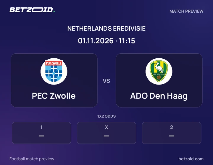 PEC Zwolle vs ADO Den Haag: Netherlands Eredivisie match preview with team badges and kick-off details.
