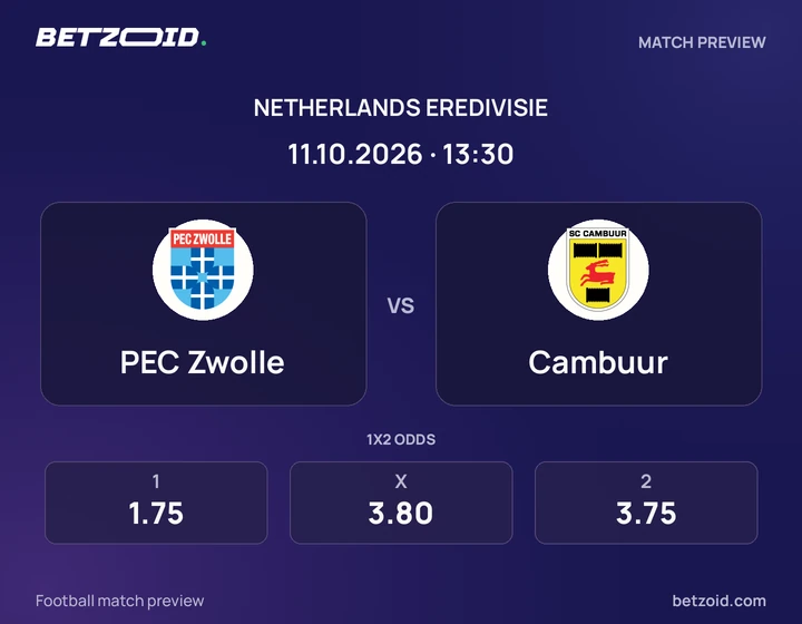 PEC Zwolle vs Cambuur: Netherlands Eredivisie match preview with team badges and kick-off details.