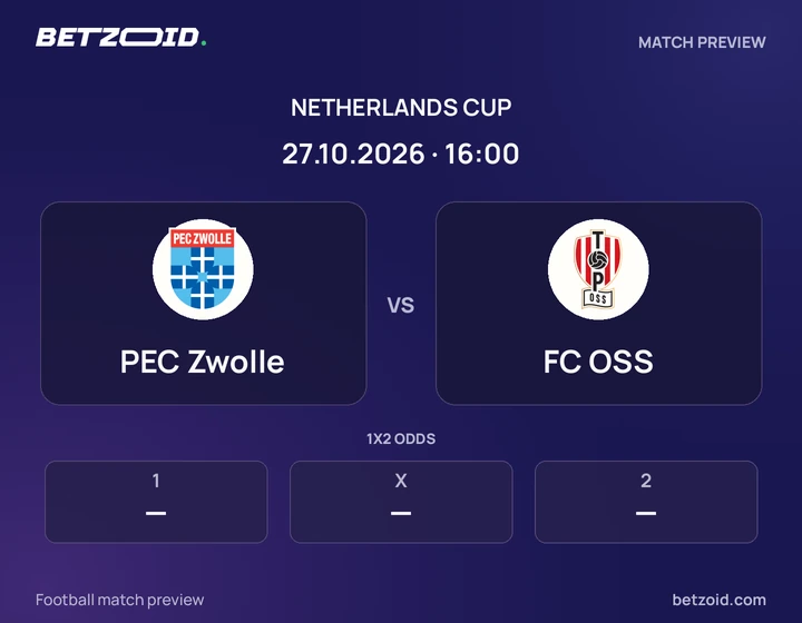 PEC Zwolle vs FC OSS: Netherlands Cup match preview with team badges and kick-off details.