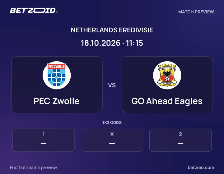 PEC Zwolle vs GO Ahead Eagles: Netherlands Eredivisie match preview with team badges and kick-off details.