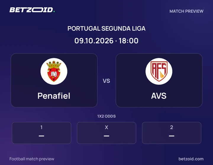 Penafiel vs AVS: Portugal Segunda Liga match preview with team badges and kick-off details.
