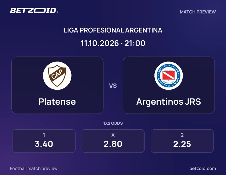 Platense vs Argentinos JRS: Liga Profesional Argentina match preview with team badges and kick-off details.