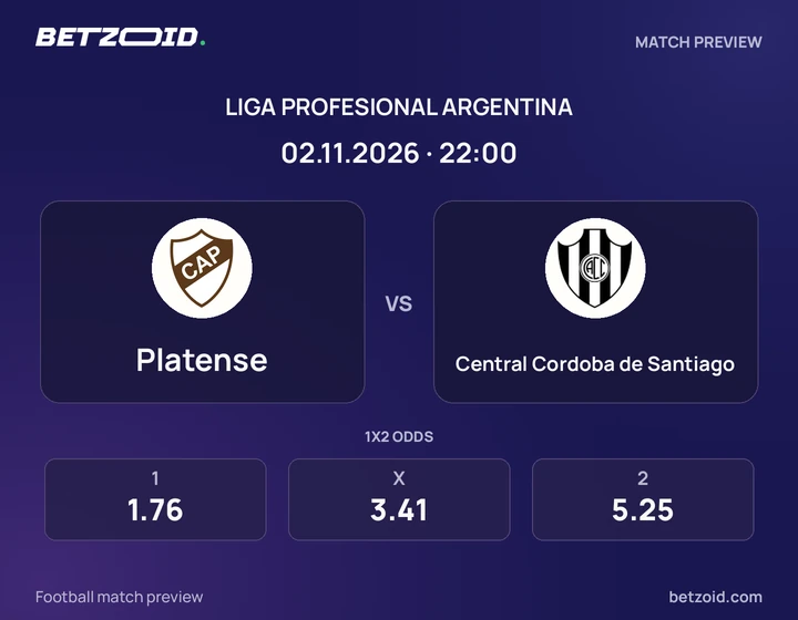 Platense - Central Cordoba de Santiago Platense vs Central Cordoba de Santiago: Liga Profesional Argentina match preview with team badges and kick-off details.