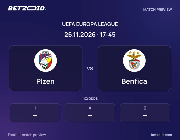 Plzen - Benfica Plzen vs Benfica: UEFA Europa League match preview with team badges and kick-off details.