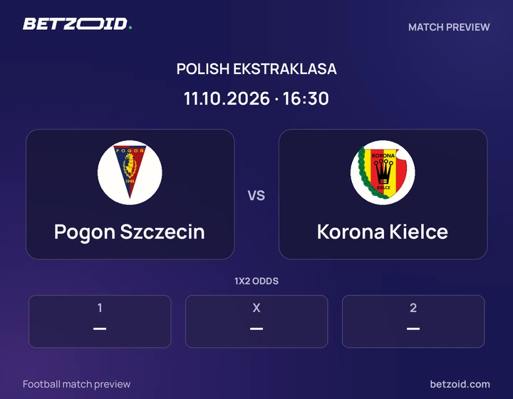 Pogon Szczecin vs Korona Kielce: Polish Ekstraklasa match preview with team badges and kick-off details.