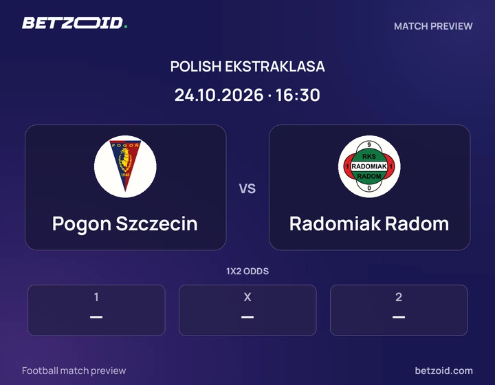 Pogon Szczecin - Radomiak Radom Pogon Szczecin vs Radomiak Radom: Polish Ekstraklasa match preview with team badges and kick-off details.
