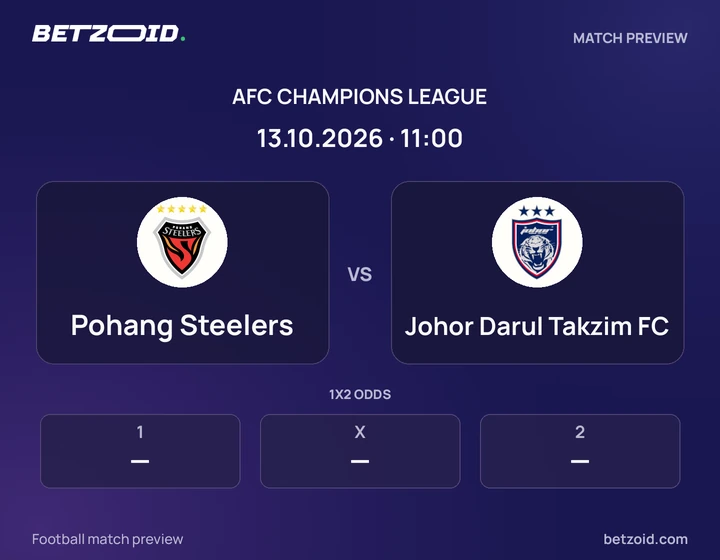 Pohang Steelers vs Johor Darul Takzim FC: AFC Champions League match preview with team badges and kick-off details.