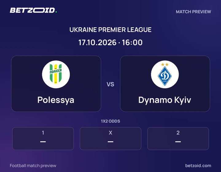 Polessya vs Dynamo Kyiv: Ukraine Premier League match preview with team badges and kick-off details.