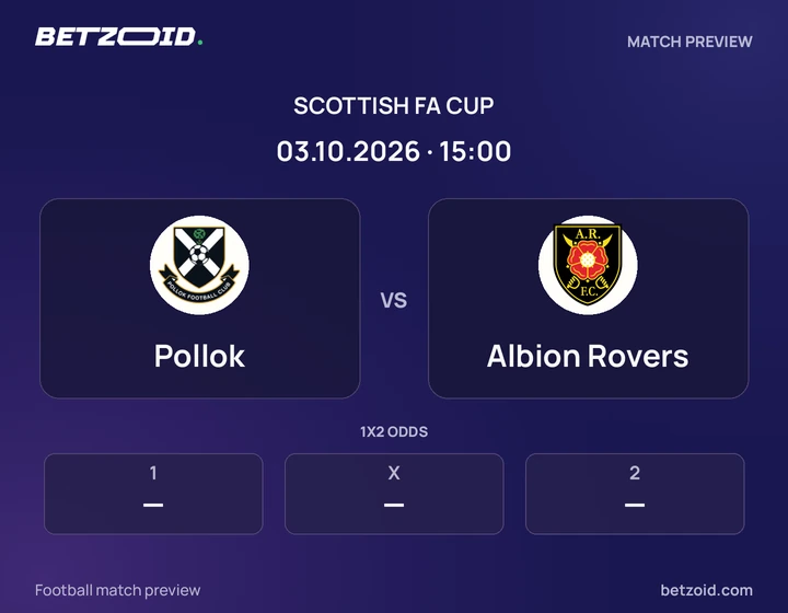 Pollok - Albion Rovers Pollok vs Albion Rovers: Scottish FA Cup match preview with team badges and kick-off details.