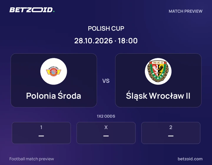 Polonia Środa - Śląsk Wrocław II Polonia Środa vs Śląsk Wrocław II: Polish Cup match preview with team badges and kick-off details.