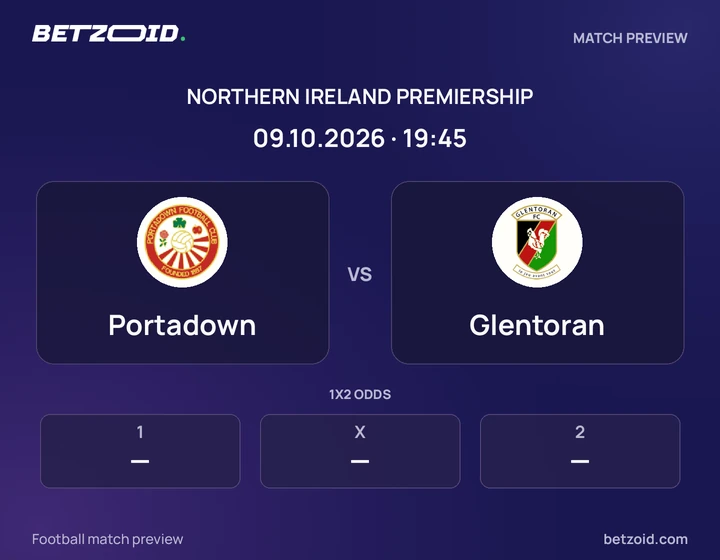 Portadown vs Glentoran: Northern Ireland Premiership match preview with team badges and kick-off details.