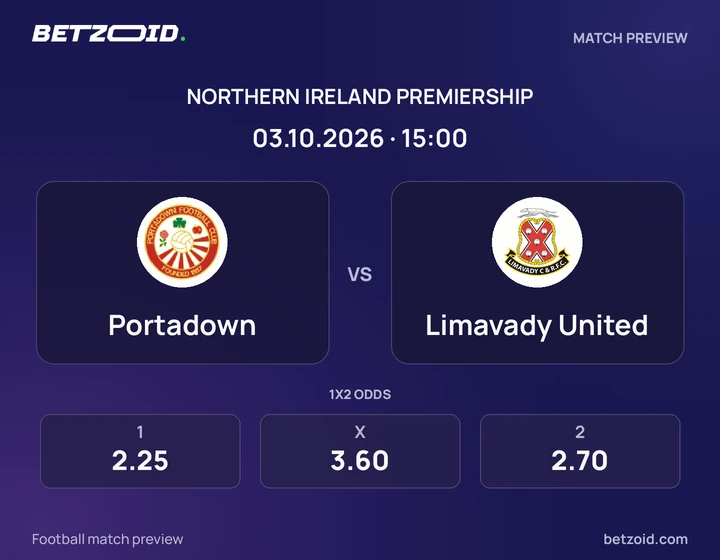 Portadown vs Limavady United: Northern Ireland Premiership match preview with team badges and kick-off details.