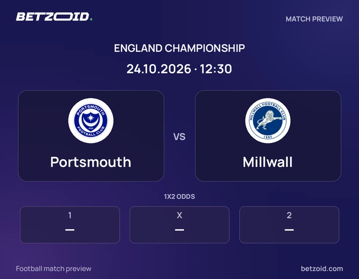 Portsmouth vs Millwall: England Championship match preview with team badges and kick-off details.