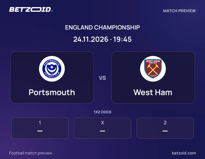 Portsmouth vs West Ham: England Championship match preview with team badges and kick-off details.