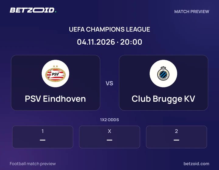 PSV Eindhoven vs Club Brugge KV: UEFA Champions League match preview with team badges and kick-off details.