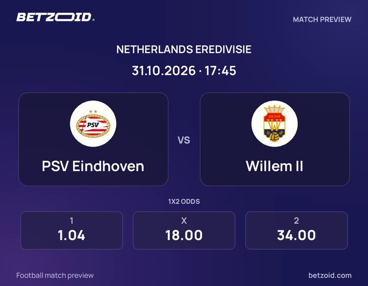 PSV Eindhoven - Willem II PSV Eindhoven vs Willem II: Netherlands Eredivisie match preview with team badges and kick-off details.