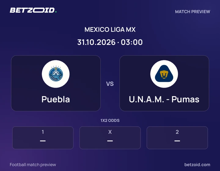 Puebla vs U.N.A.M. - Pumas: Mexico Liga MX match preview with team badges and kick-off details.