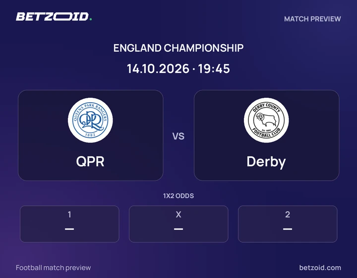 QPR vs Derby: England Championship match preview with team badges and kick-off details.