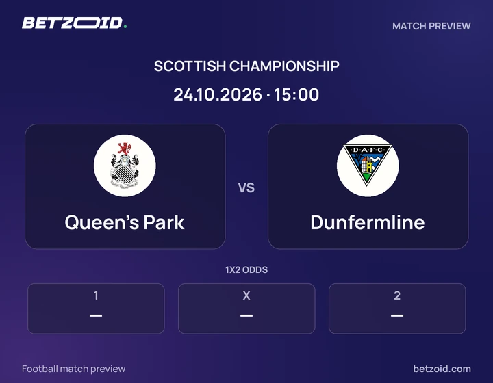 Queen's Park vs Dunfermline: Scottish Championship match preview with team badges and kick-off details.