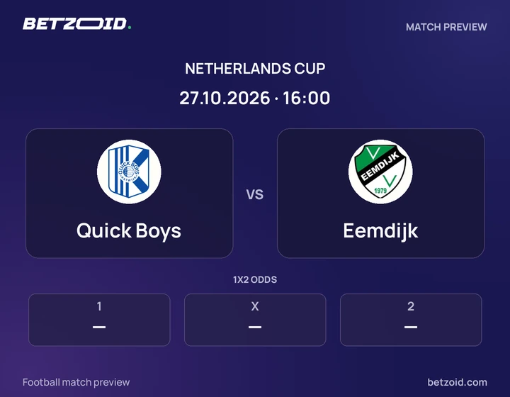 Quick Boys - Eemdijk Quick Boys vs Eemdijk: Netherlands Cup match preview with team badges and kick-off details.