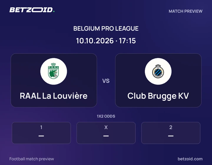 RAAL La Louvière - Club Brugge KV RAAL La Louvière vs Club Brugge KV: Belgium Pro League match preview with team badges and kick-off details.