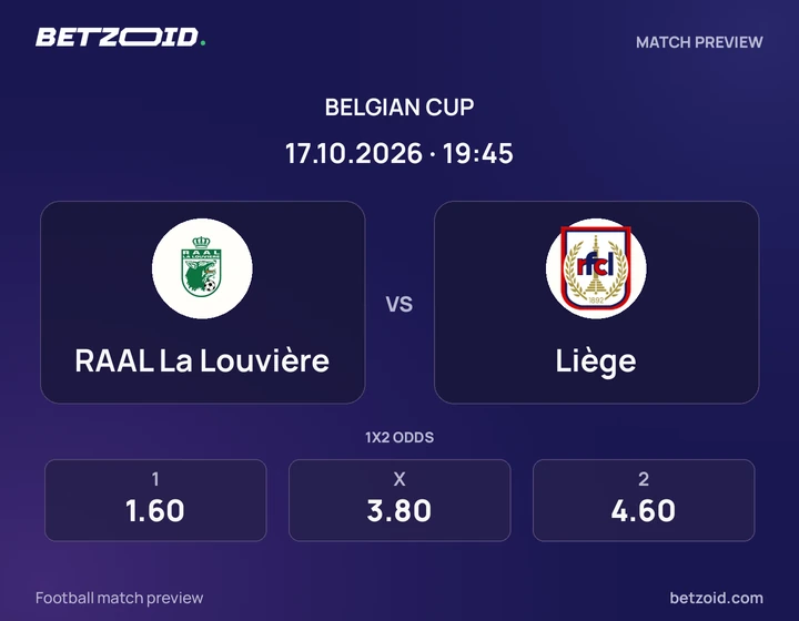RAAL La Louvière vs Liège: Belgian Cup match preview with team badges and kick-off details.