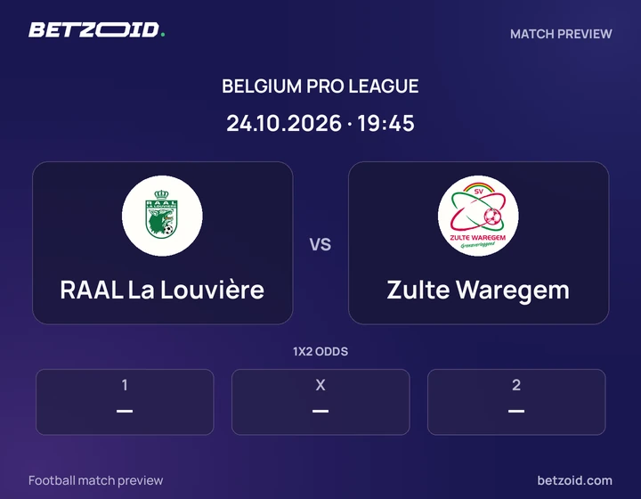 RAAL La Louvière vs Zulte Waregem: Belgium Pro League match preview with team badges and kick-off details.