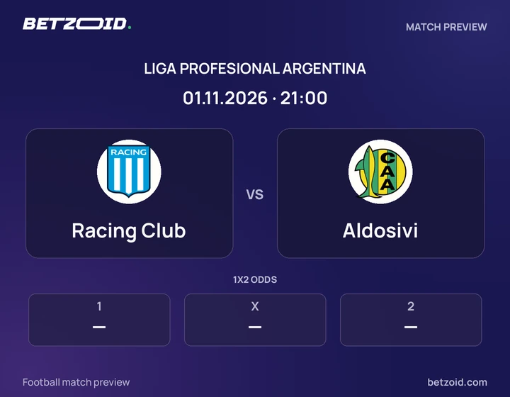 Racing Club vs Aldosivi: Liga Profesional Argentina match preview with team badges and kick-off details.