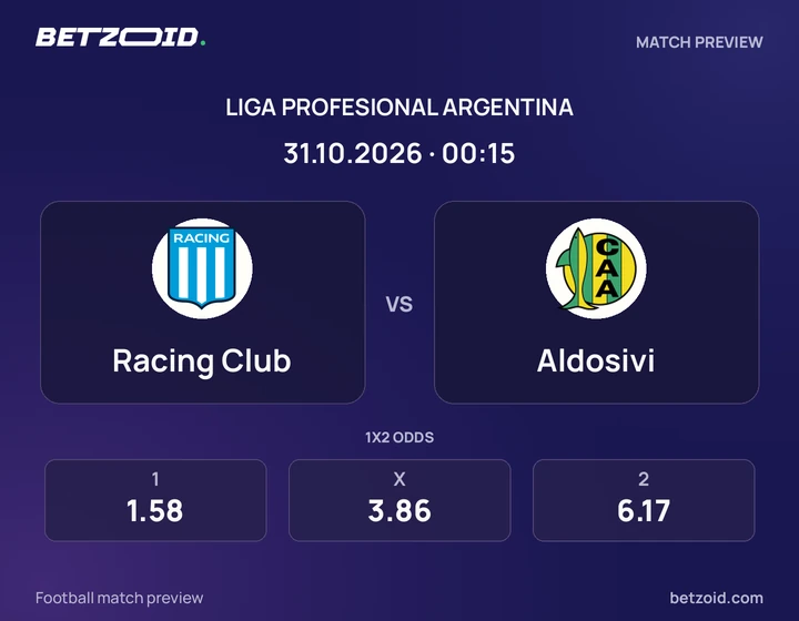 Racing Club - Aldosivi Racing Club vs Aldosivi: Liga Profesional Argentina match preview with team badges and kick-off details.
