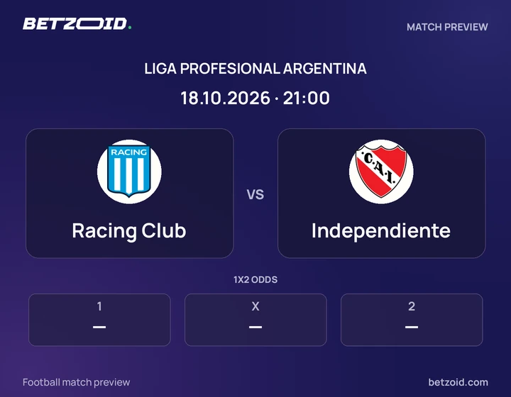 Racing Club - Independiente Racing Club vs Independiente: Liga Profesional Argentina match preview with team badges and kick-off details.