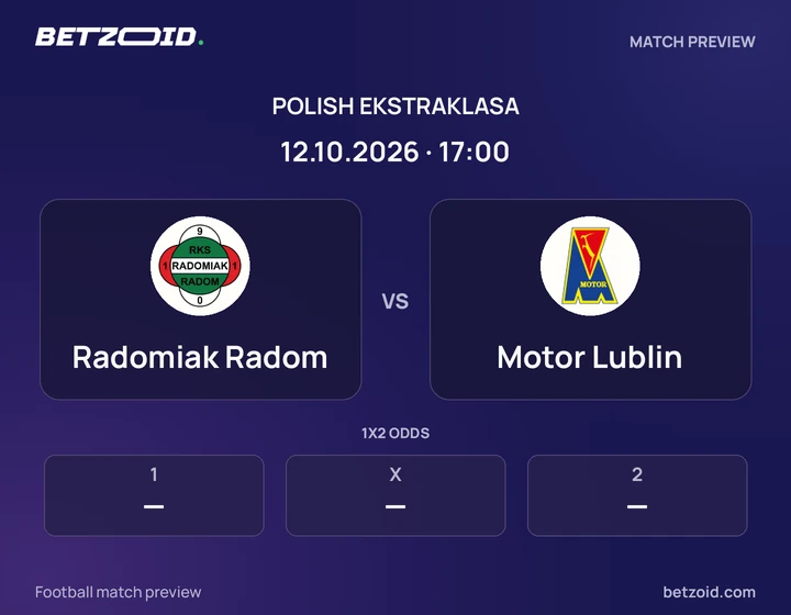 Radomiak Radom vs Motor Lublin: Polish Ekstraklasa match preview with team badges and kick-off details.