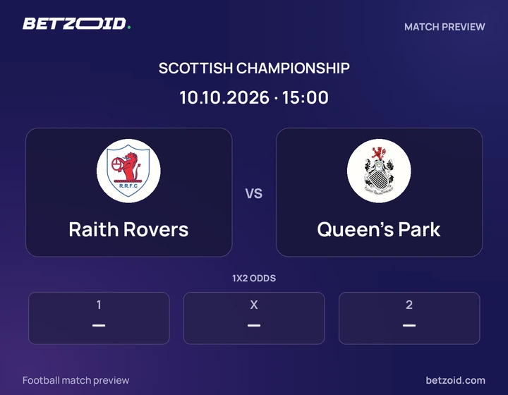 Raith Rovers vs Queen's Park: Scottish Championship match preview with team badges and kick-off details.