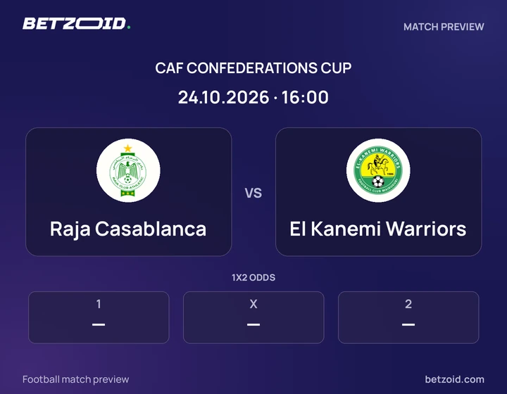 Raja Casablanca vs El Kanemi Warriors: CAF Confederations Cup match preview with team badges and kick-off details.
