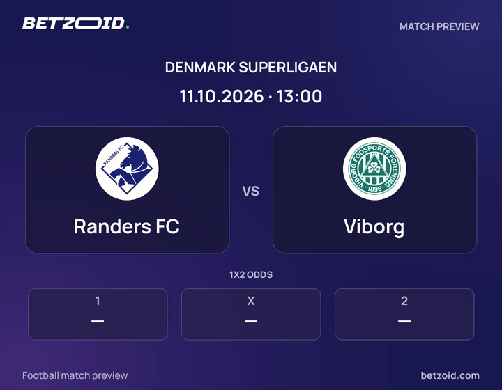 Randers FC vs Viborg: Denmark Superligaen match preview with team badges and kick-off details.