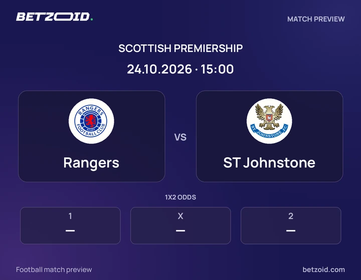 Rangers vs ST Johnstone: Scottish Premiership match preview with team badges and kick-off details.
