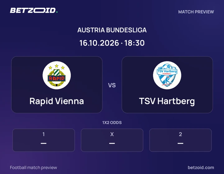 Rapid Vienna vs TSV Hartberg: Austria Bundesliga match preview with team badges and kick-off details.