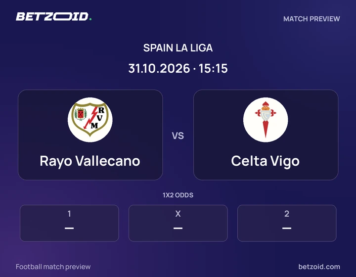Rayo Vallecano vs Celta Vigo: Spain La Liga match preview with team badges and kick-off details.